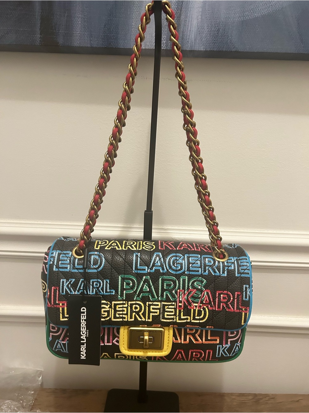 Karl Lagerfeld Black Multicolor Logo Chain Shoulder Bag - Picture 2 of 10